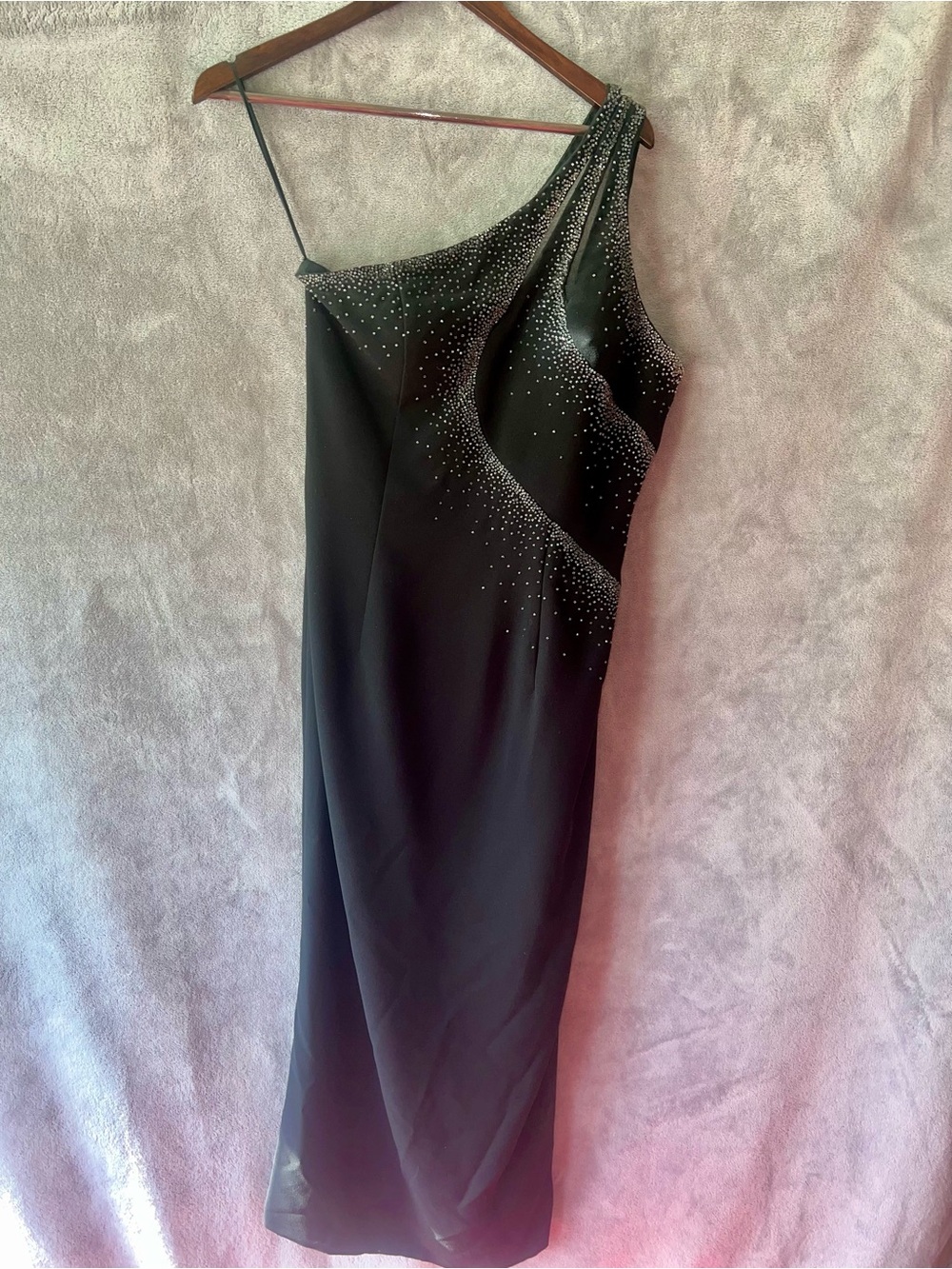 Tiffany Designs Black One-Shoulder Evening Gown with Crystal Accents